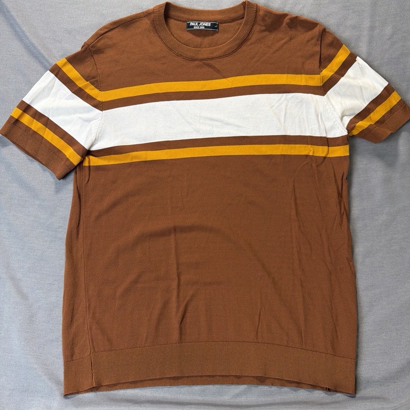 New Paul Jones Brown Shirt Men's Large. Brown With White And Yellow Stripes.