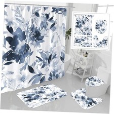 4 Pcs Watercolor Floral Shower Curtain Sets with Rug, Toilet Lid Cover and Navy