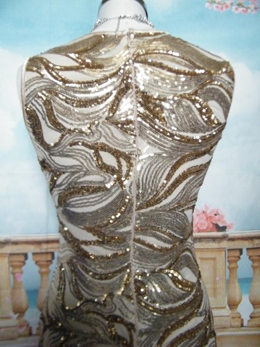 Evening Dress 12 Gold Sequin Quiz Ballgown Stretch Prom Stunning Deco Wave Maxi - Picture 4 of 5