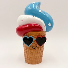Patriotic Ice Cream Cone Figurine Red White Blue Heart Sunglasses 4th of July