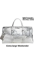 Michael Kors XL Metallic Crocodile Embossed Leather Weekender Bag Silver NWT