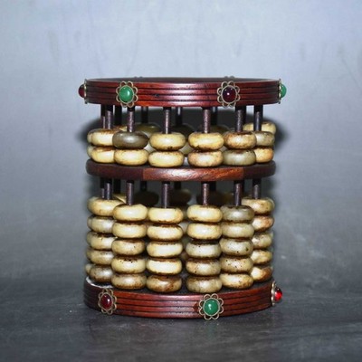 Red Sandalwood Inlaid with Precious Stones and Jade Beads, Abacus Pen Holder