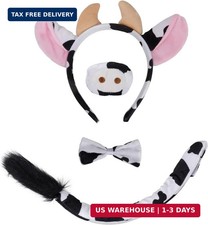 Jmkcoz 4 Pieces Animal Cow Costume Set Cow Ears Headband Tail Nose Bowtie for Ha