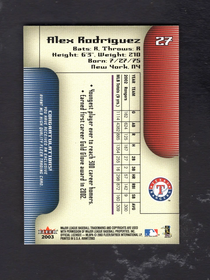 2003 Fleer Avant #27 Alex Rodriguez - Image 2 of 2