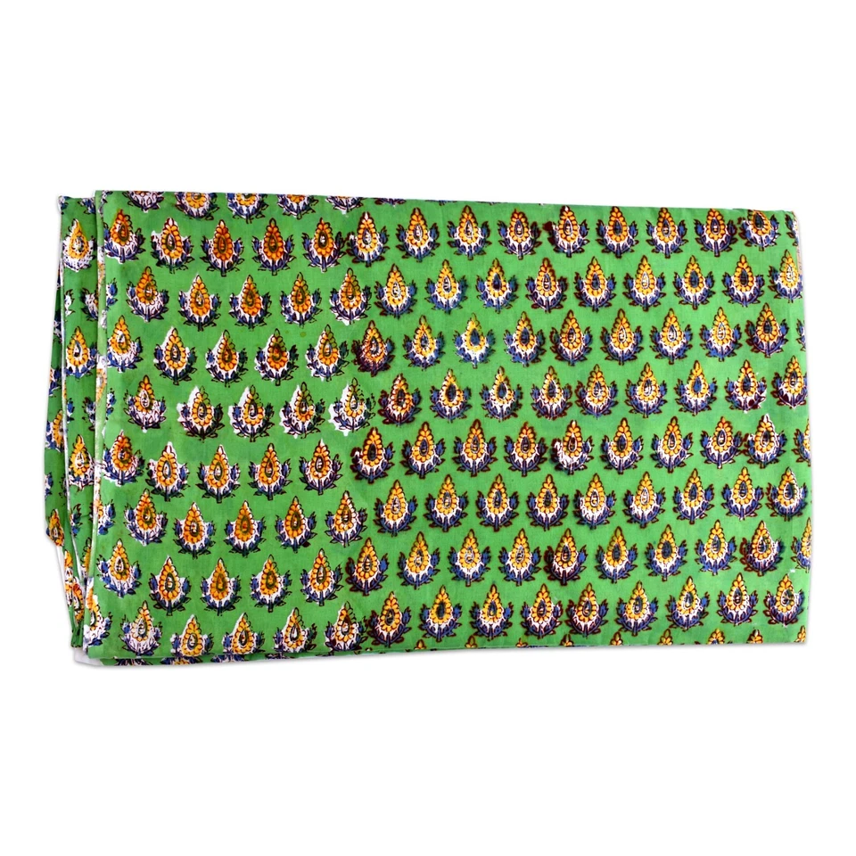 10 Yards Floral Block Printed Green Color Handmade Light Weight Cotton Fabric - Image 2 of 4