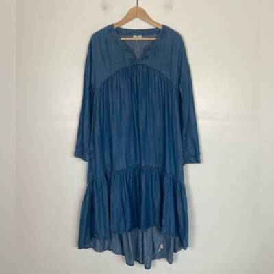 Crown & Ivy Chambray Tiered Denim Midi Dress Size M Blue High Low Long  Sleeve | eBay