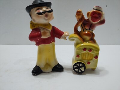 Vintage Salt Pepper Shakers Man Monkey Organ Grinder Circus Japan Ceramic