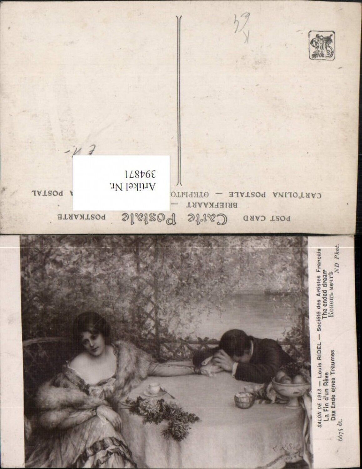 394871,Künstler AK Louis Ridel Das Ende eines Traumes Trauer Frau m. Stola