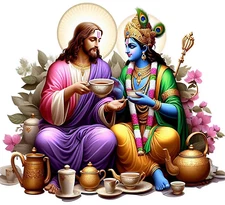 Jesus and Hindu God Lord Krishna having tea vinyl sticker decal - many sizes