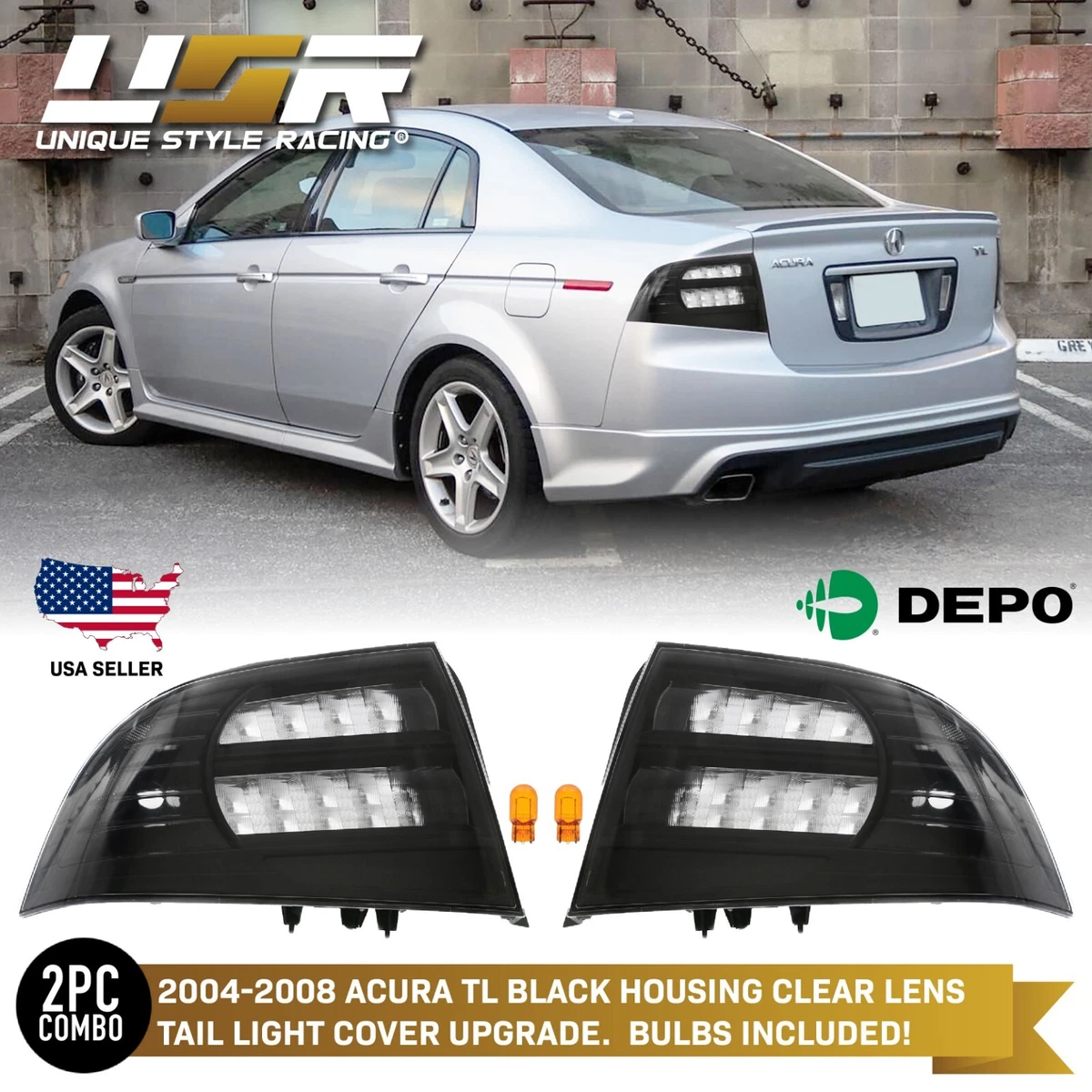DEPO Black Housing Clear Lens Tail Light Frames For 04 08 Acura TL