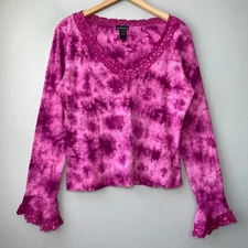 Moda International Size Large Pink Purple Tie Dye Knit Top Lace Trim Y2K Grunge