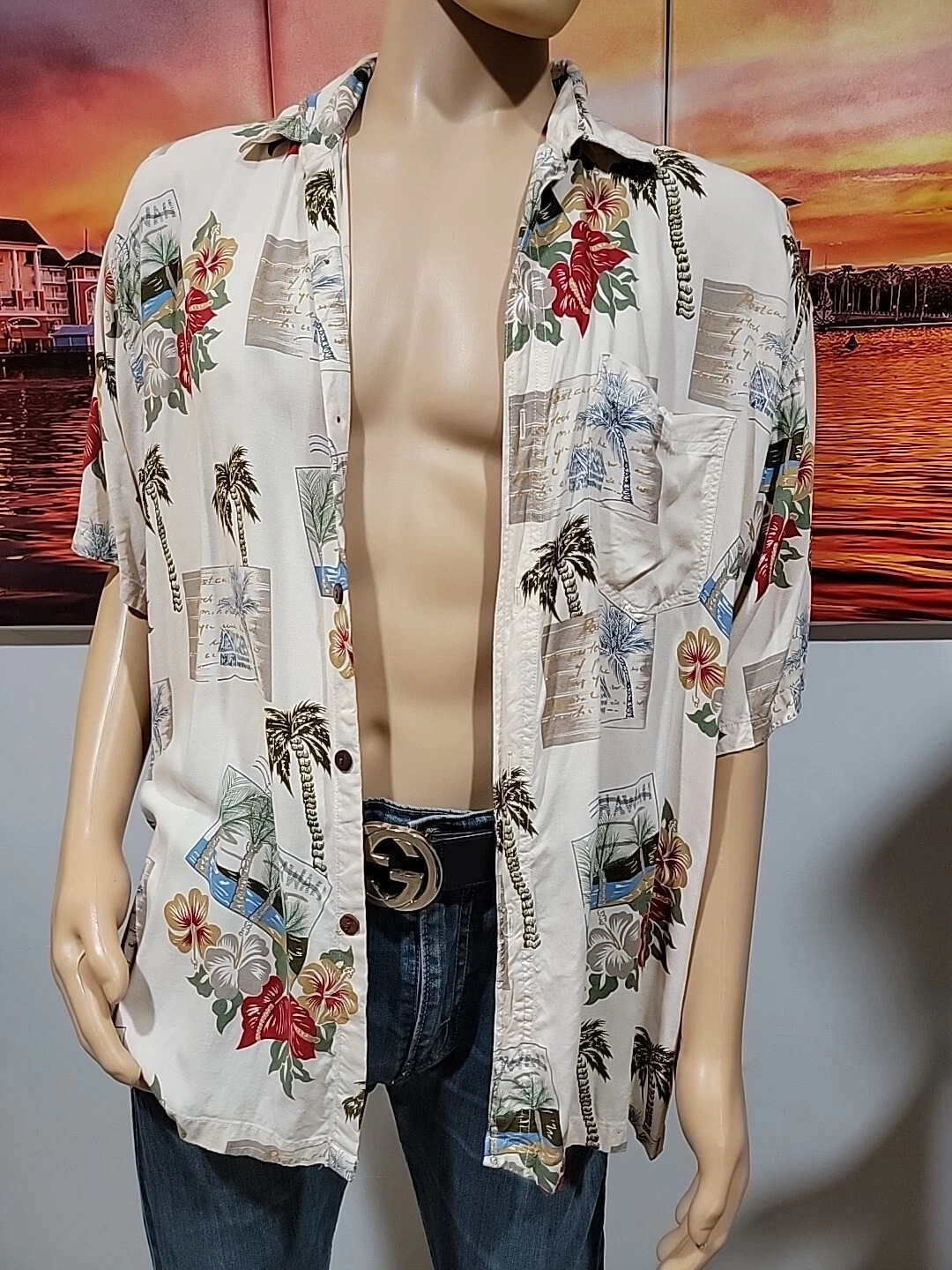 Hawaiian Shirt Men's L Floral Short Sleeve Hibiscus Collection Hawaii Rayon #C