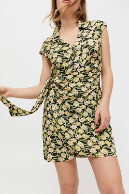 Urban Outfitters Wrap Dress Size M Yellow Green Floral Short Sleeve | eBay