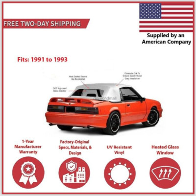 1991-93 Ford Mustang Convertible Soft Top w/ DOT Approved Glass Window, White