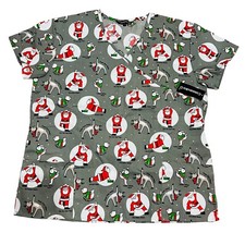 Cassandra O Womens Scrub Top Size XL NWT Christmas Gray Yoga Poses Santa Claus