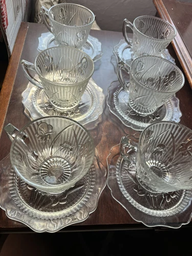 iris and herringbone depression glass clear Cup/saucer Sets-6 By Jeanette-1929