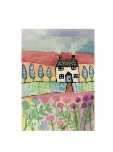 ATC ACEO Trading Card painting Cottage Fields Of Flowers Small Art By Kenna - Picture 1 of 2