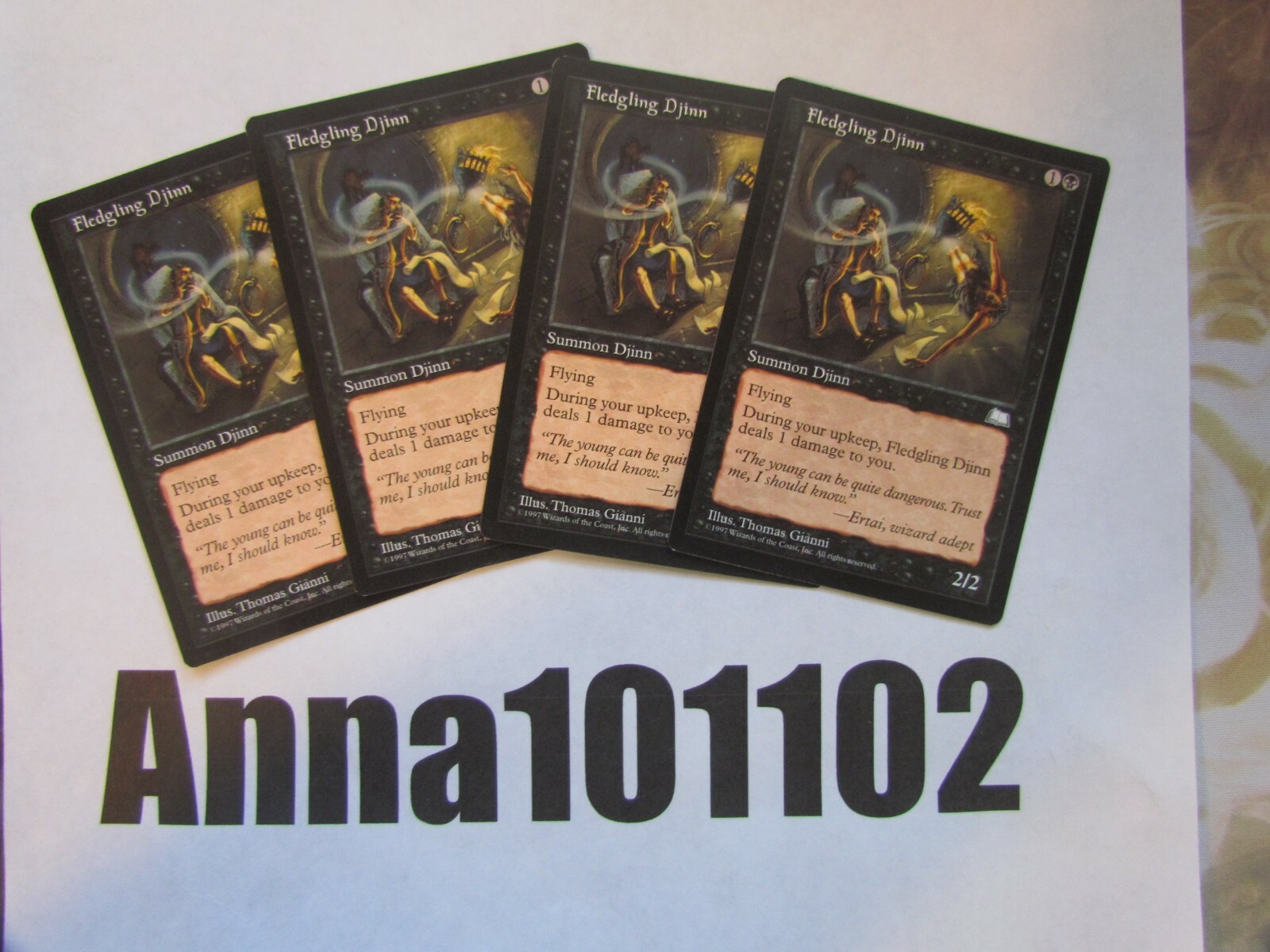 *30,FEB21 MTG Fledgling Djinn x4 4x MTG Weatherlight 1997 Black Creature Flying
