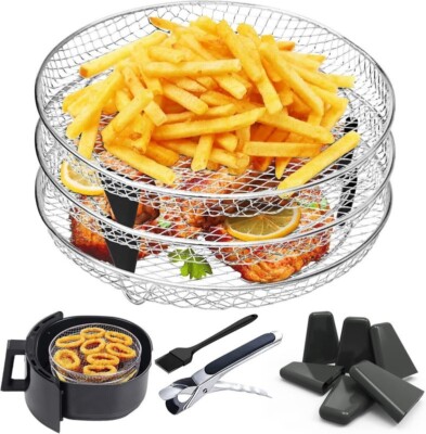 3 Tiers Stainless Steel Air Fryer Rack Holder Baking Tray Skewers Home ...