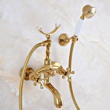 Golden Brass Bathroom Faucet Set Handheld Shower Mixer Water Taps Kit 2na947
