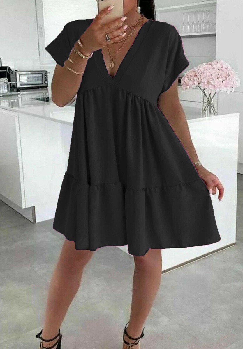 Plus Size Smock Dress Women's Summer Smock Pleated Mini Dress - V-Neck A-Line Loose Fit Cotton Dress Smocked Midi Dress - Foto 9