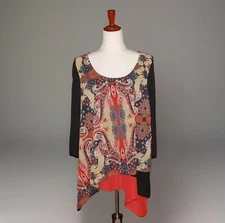 POEME by Citron Santa Monica Women's XL Red Black Paisley Tunic Top Boho Blouse