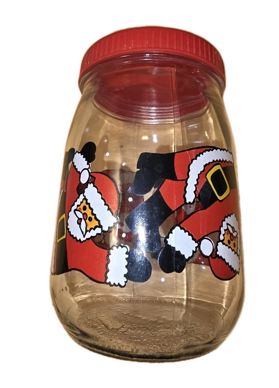Vintage VMC REIMS Tumbling Santa Christmas Jar Red Screw Top Lid Made in France