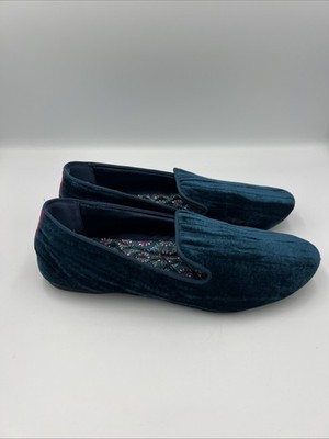 Birdies Donqun Crushed Velvet Loafers Womens 9.5 Teal Blue Slip On Comfort