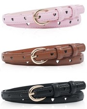 Girls Belt 3 Pack, Leather Belt Pu Cute Gold Round Buckle Heart Hole Youth Be...