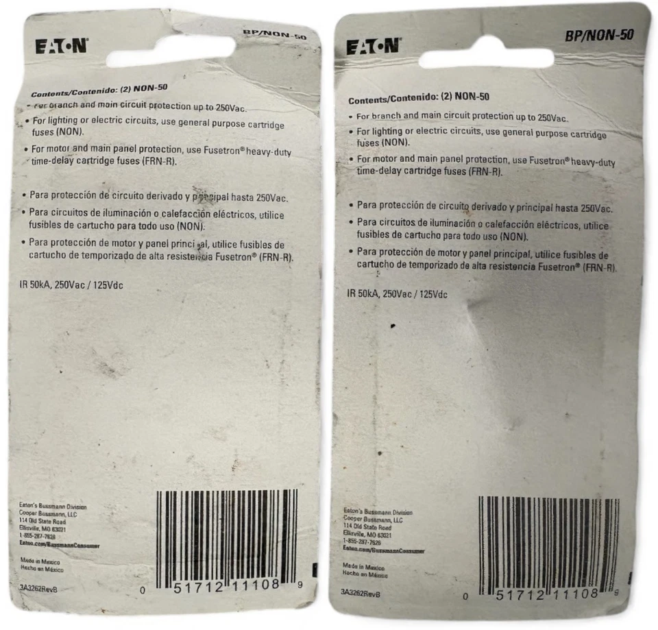 LOTE DE 2~ Fusibles de Uso General Eaton BP/NO-50, 50A Bussmann, 250VAC 125 VDC Foto 2 de 2