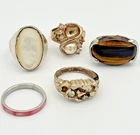 VTG Costume Jewelry Rings 5pc Boho Statement Pearl Tigers Eye Silver Tone Sz 10