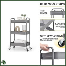 TOOLF 3 Tier Metal Rolling Cart, Utility Storage Cart with Wheels, Grey