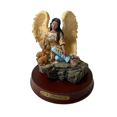 Native American Angel Figurine With Rabbits On Wood Base By Inufare