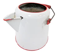 Vintage White Red Enamelware Coffee Pot Kettle Pitcher Strainer Rustic No Lid