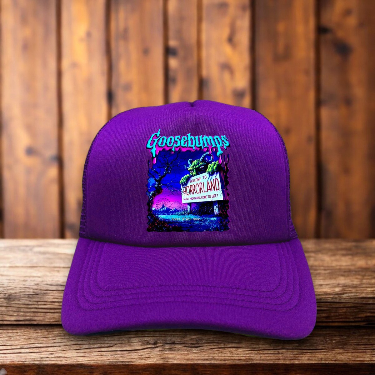 Goosebumps R.L. Stine Mens Trucker Hat Purple Snapback Horrorland