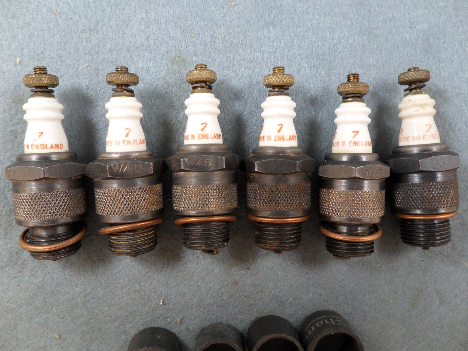 6 New Champion 7  Spark Plugs 18MM made in England  Vintage Antique NOS