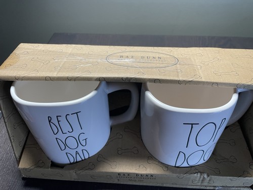 Rae Dunn "BEST DOG DAD, TOP DOG" Coffee Tea Mugs Set Of Two New - Picture 2 of 2