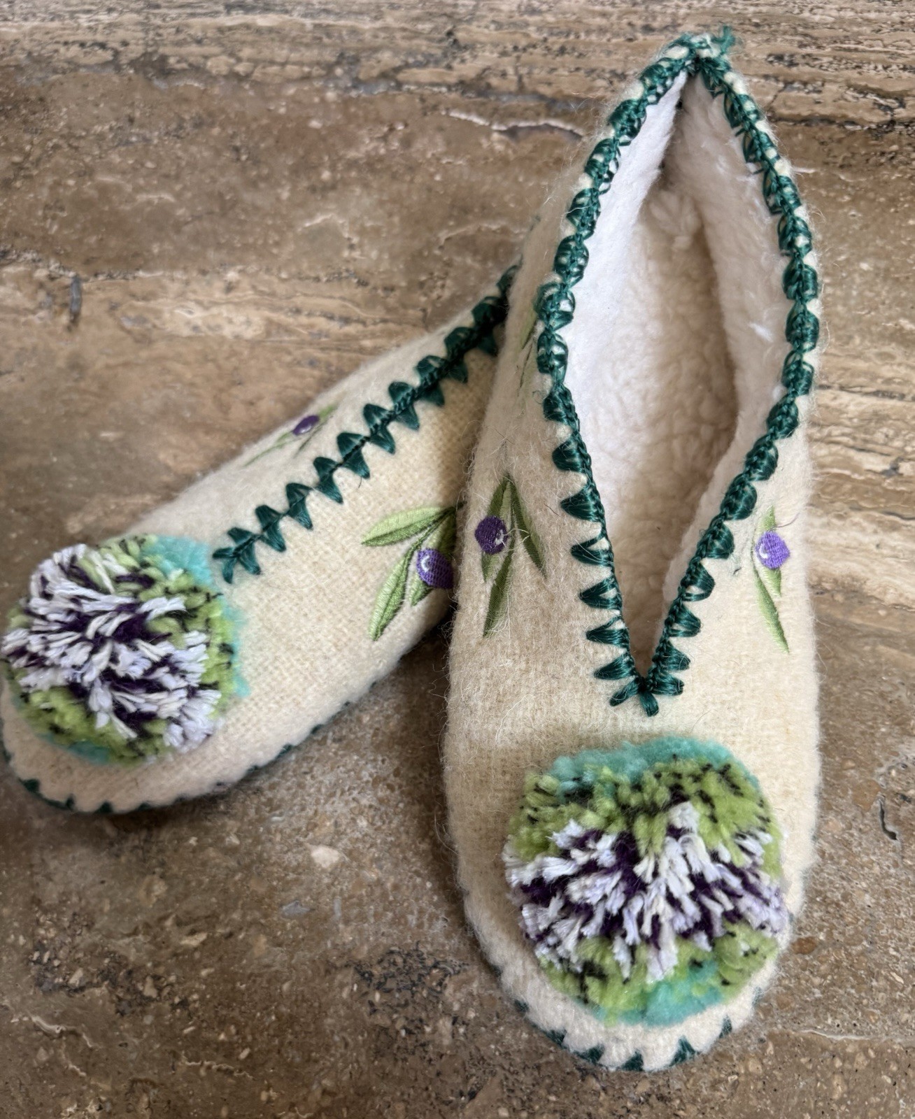 SAOLA Pantofole ricamate in lana fatte a mano con suola in pelle W taglia US 9 UK 7 NUOVE