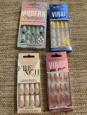 Salon Perfect Press-On Nails Coffin Long French Multicolor Pre-Designed Glue