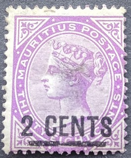 A SPACEFILLER QV MAURITIUS 1886 2c SURCHARGE ON 38c BRIGHT PURPLE MINT HG REM