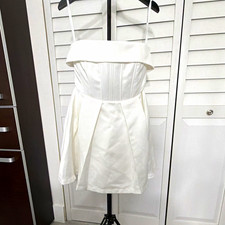 Sherri Hill Size S White Satin Solid Off Shoulder Strappy Zip Mini Dress