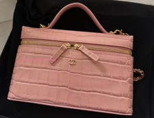 Auth BNIB Chanel 26B Pink Croc Embossed Slim Top Handle Vanity With Chain Bag