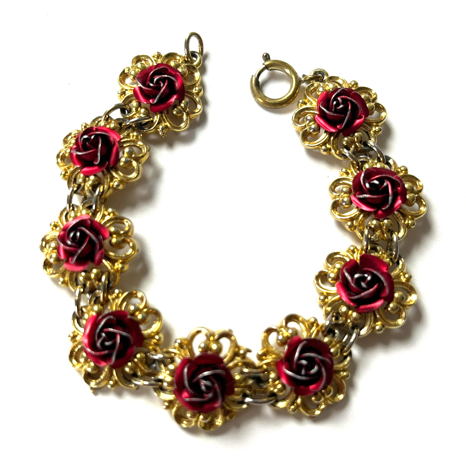 Vintage Enamelled Gold-Tone Link Bracelet Retro Baroque 3-D Red Roses Floral MCM