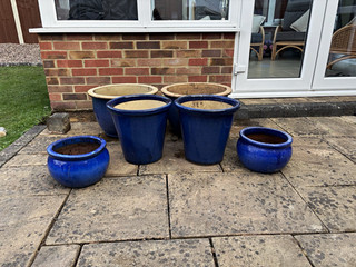 Set of 6 Large Blue Glazed Ceramic Round Outdoor Flower Pots
