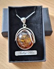 Hallmarked LARGE Sterling Silver COGNAC AMBER  Pendant & Chain