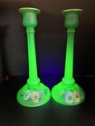 Tiffin Glass Emerald Satin 10" Candlesticks Uranium Glow Handpainted  Set of 2 — photo 1