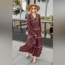 (M3) Free People Little Time Bohemian Tiered Midi Dress Wine red tiered dress