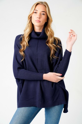 Italienischer Damen-Winterpullover Wasserfallausschnitt Seitenschlitz Strick sichtbare Naht kastig Oberteil - Bild 31 von 75