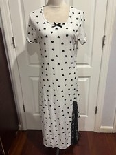 Women Short Sleeve Nightgown White w/Black Hearts Size 2XL 47"L x 20"W