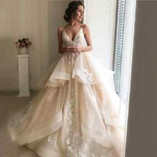 Luxury Champagne Wedding Dress V-Neck Bareback Lace Floral Ruffles Bridal Gowns
